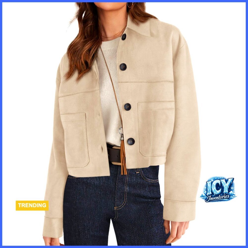 Faux Suede Cropped Jacket Lightweight Casual Fall Winter Outerwear - Picture 1 of 7